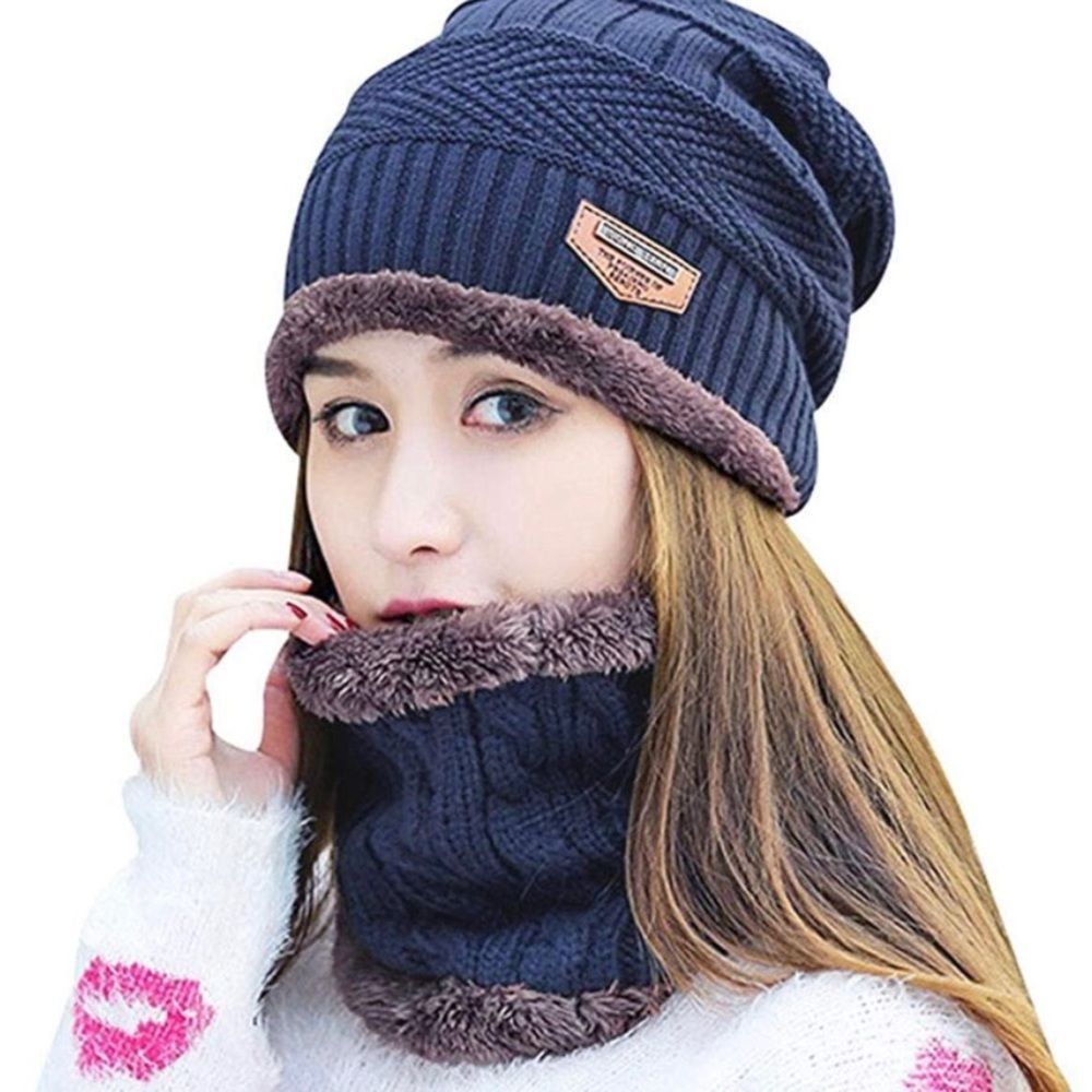 Blue Hat Scarf Gloves Set Beanie Hat Knit Skull Caps  Neck Warmer for M…​​